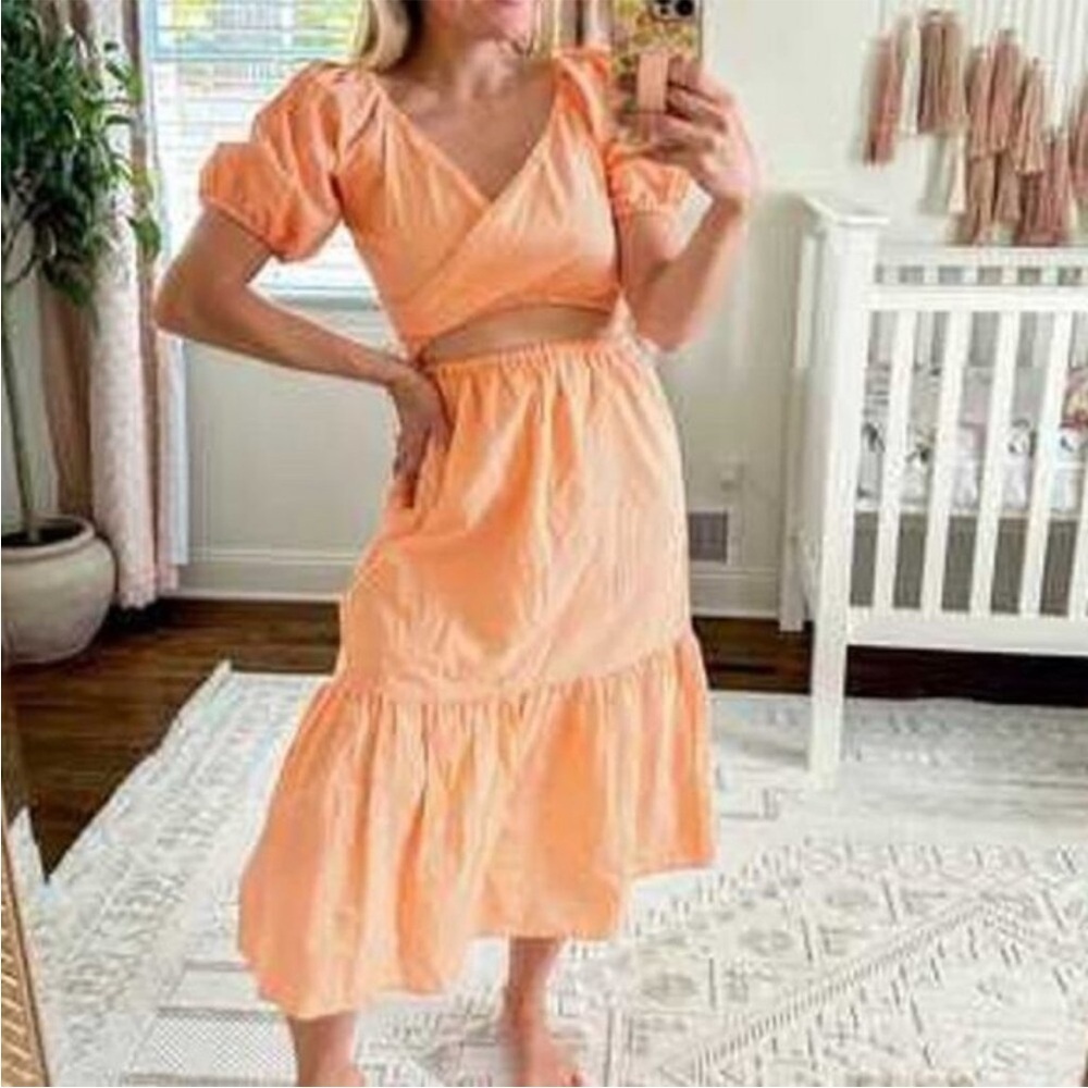 SIM & SAM Gingham Short Sleeve Cut Out Midi Dress Orange White M